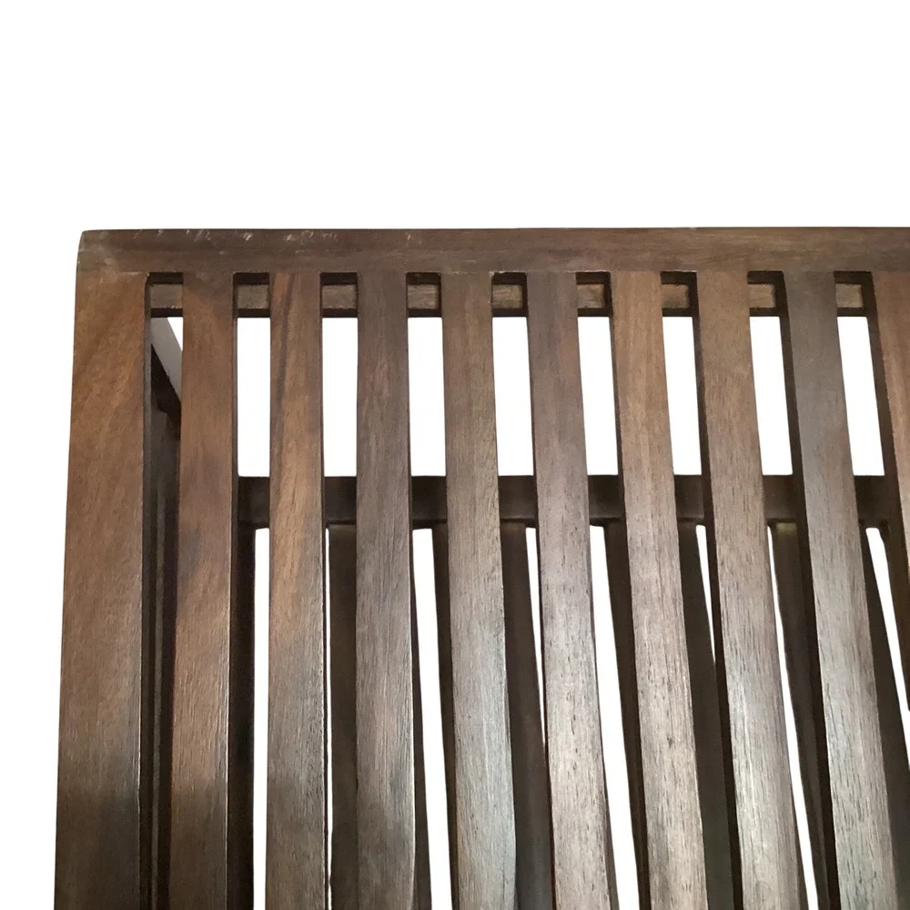 Mid Century Modern Slatted Wood Magazine Holder Floor Rack Dark Brown Heavy